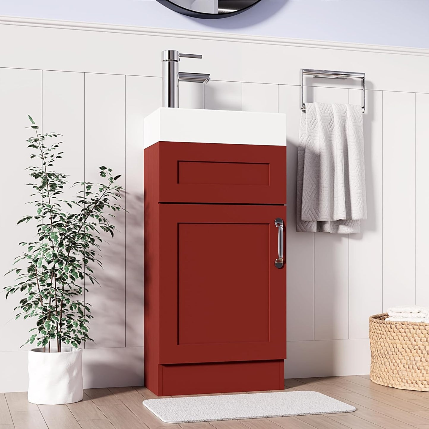 400mm red vanity unit with white basin and chrome tap, standing next to a plant.