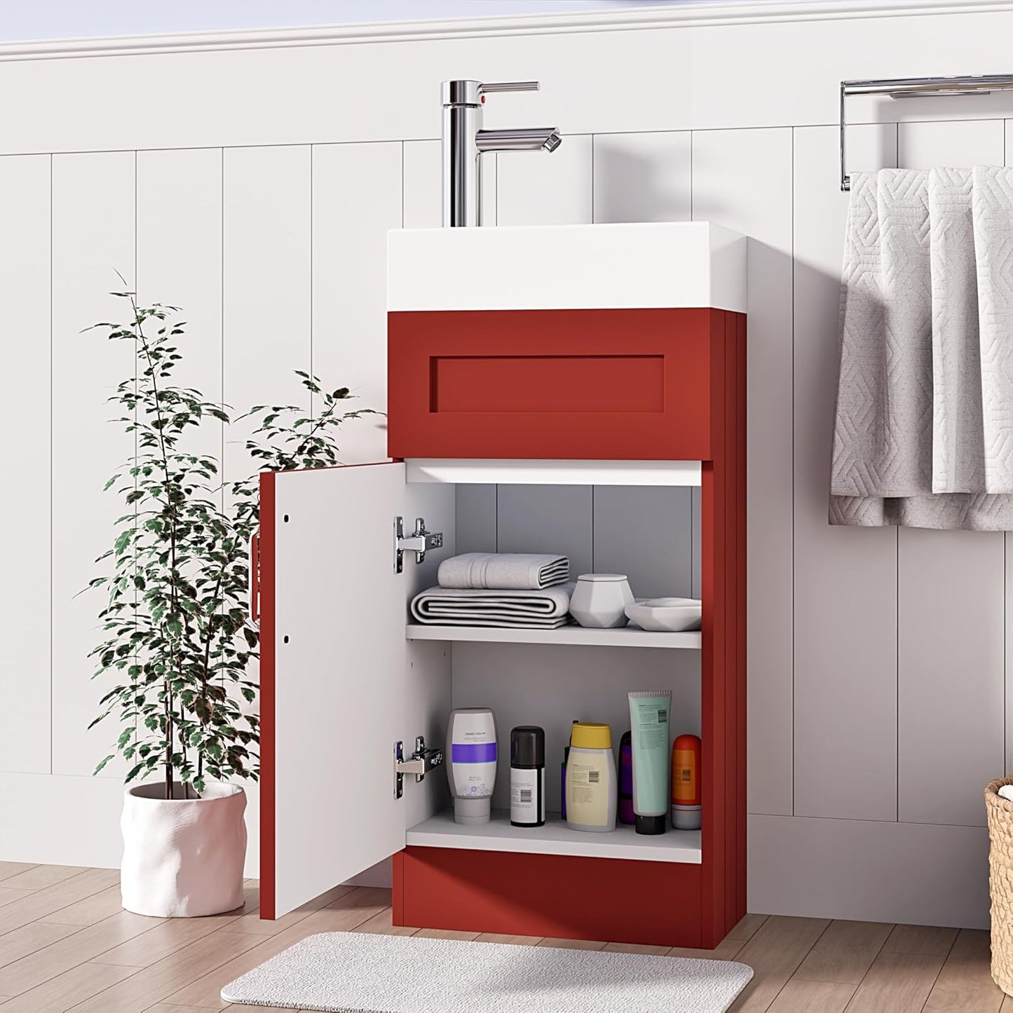 400mm red vanity unit with open storage, showcasing neatly stacked towels and toiletries.