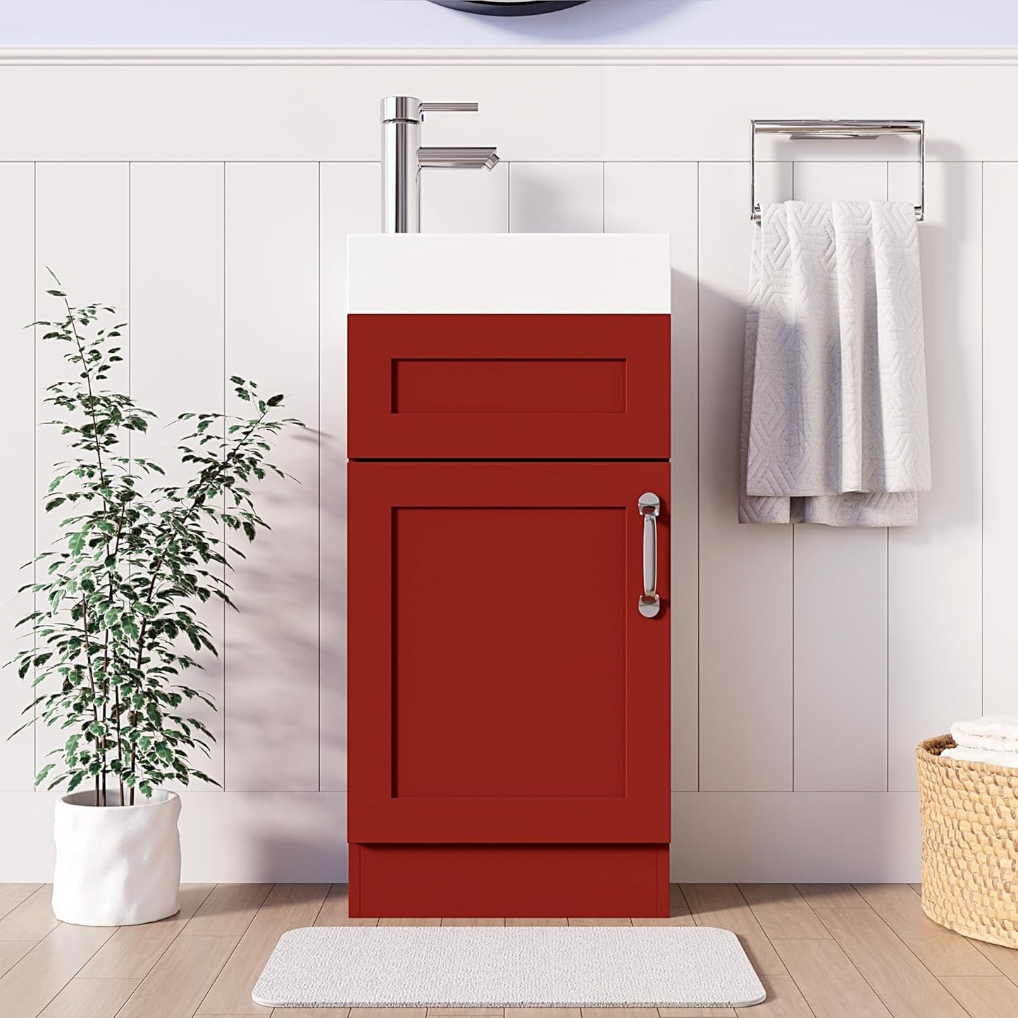 400mm red vanity unit with a chrome tap and white basin, accompanied by a towel and storage items.