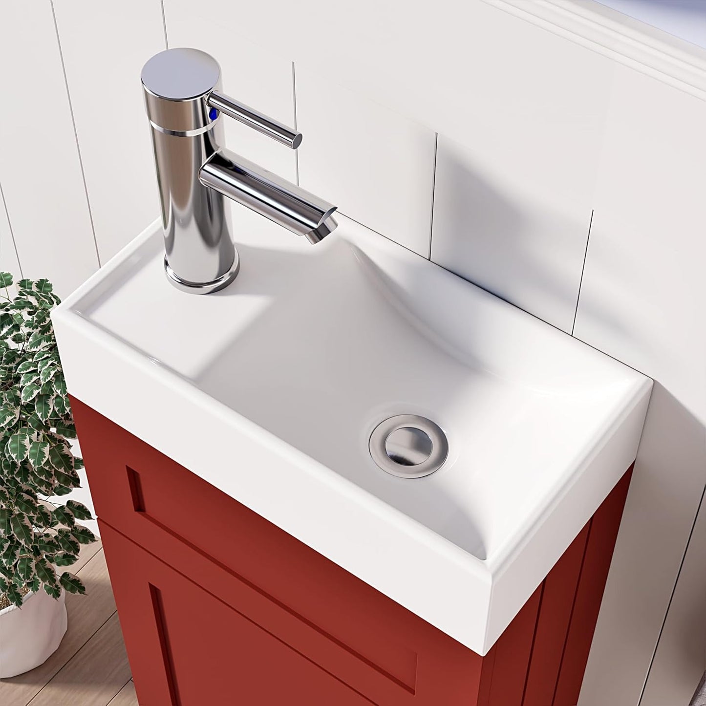 Top view of the 400mm red vanity unit with chrome tap and white basin.