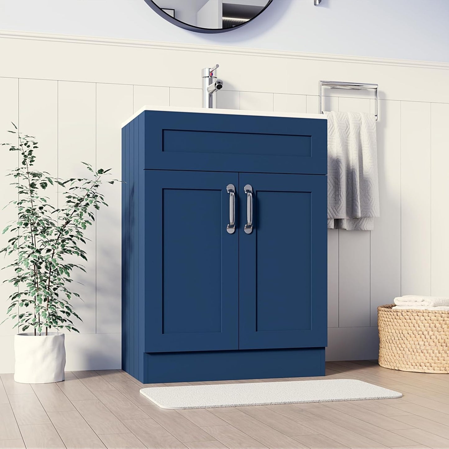 Crawley Blue 600mm vanity unit with white basin, chrome tap, and modern design in a stylish bathroom setting.