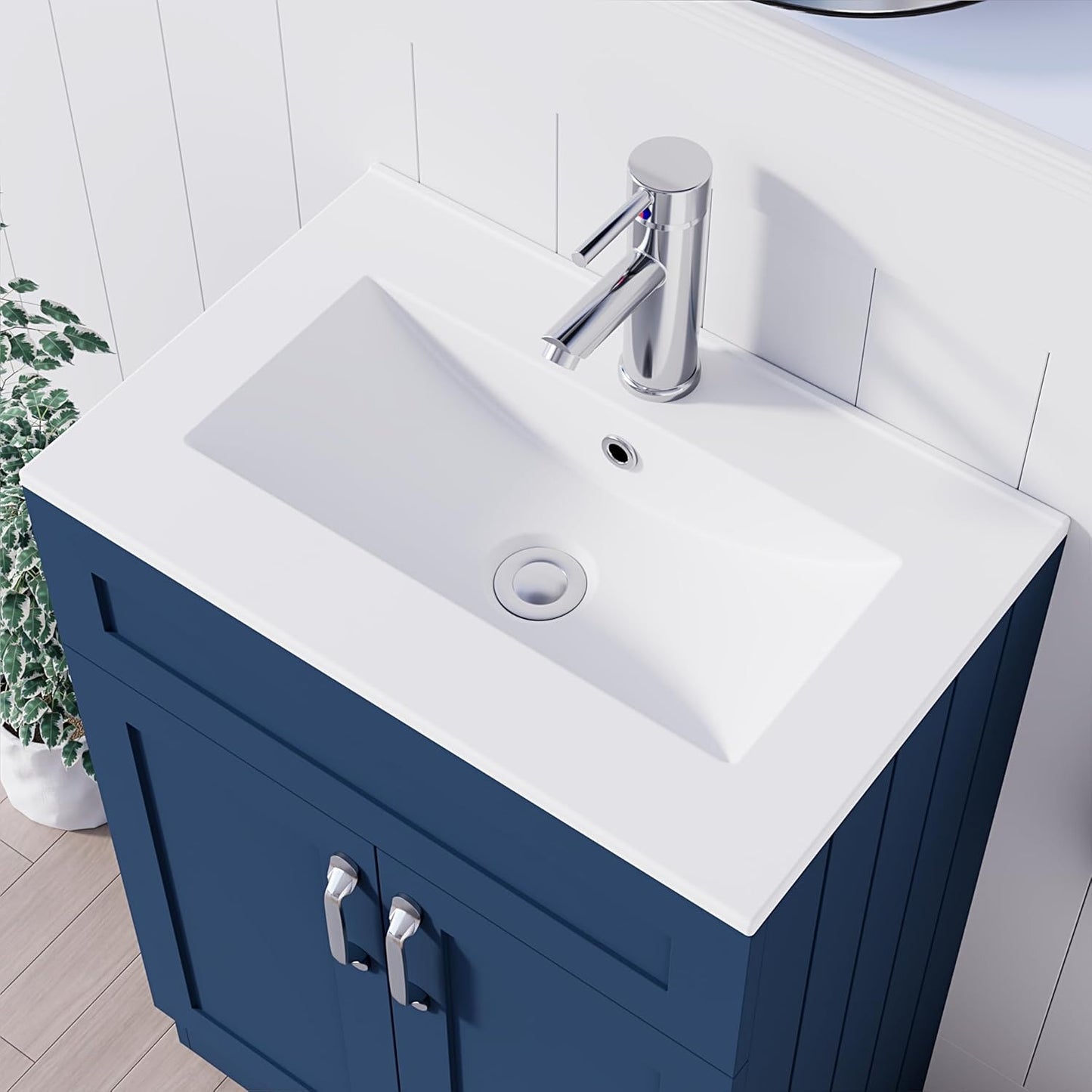 Top view of the Crawley Blue 600mm vanity unit, featuring a white basin and chrome tap.