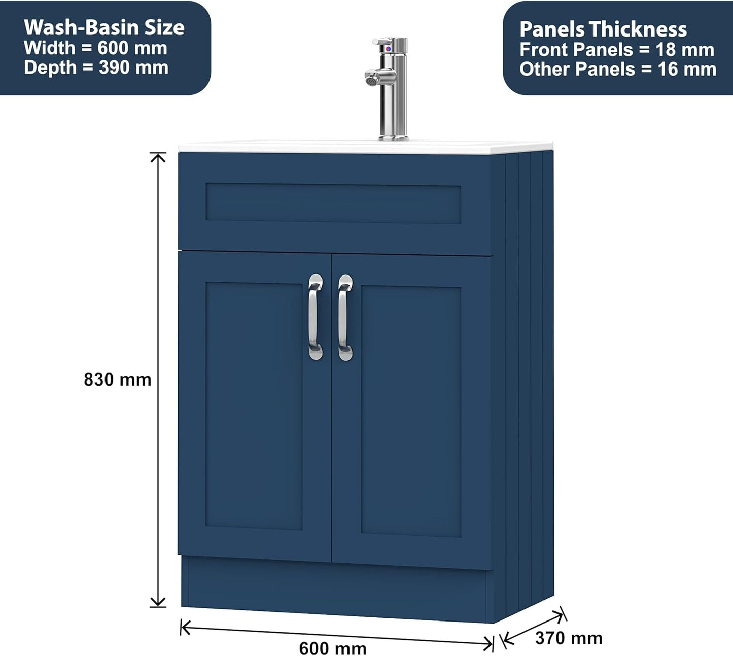 Crawley Blue 600mm vanity unit with labeled dimensions: 830mm height, 600mm width, 370mm depth.