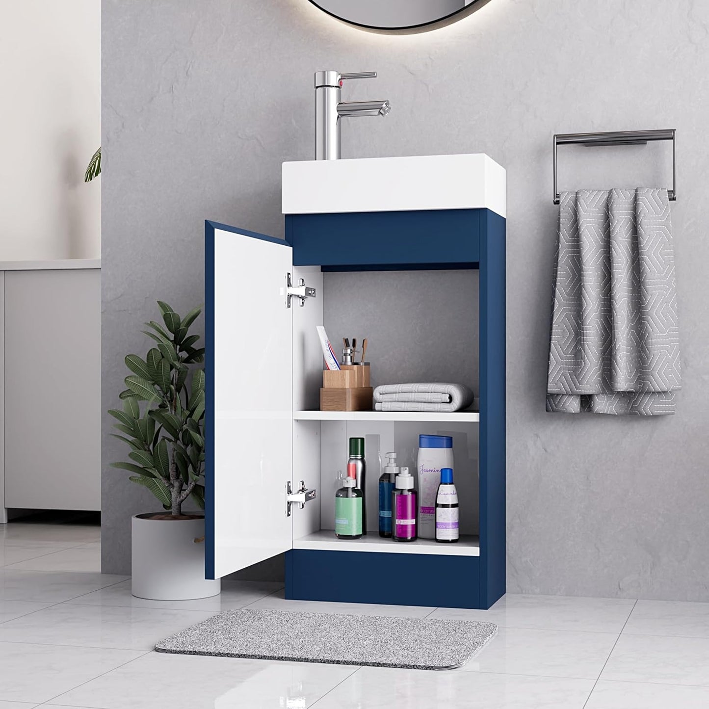 Denver Blue 400mm vanity unit with open storage and a stylish basin.