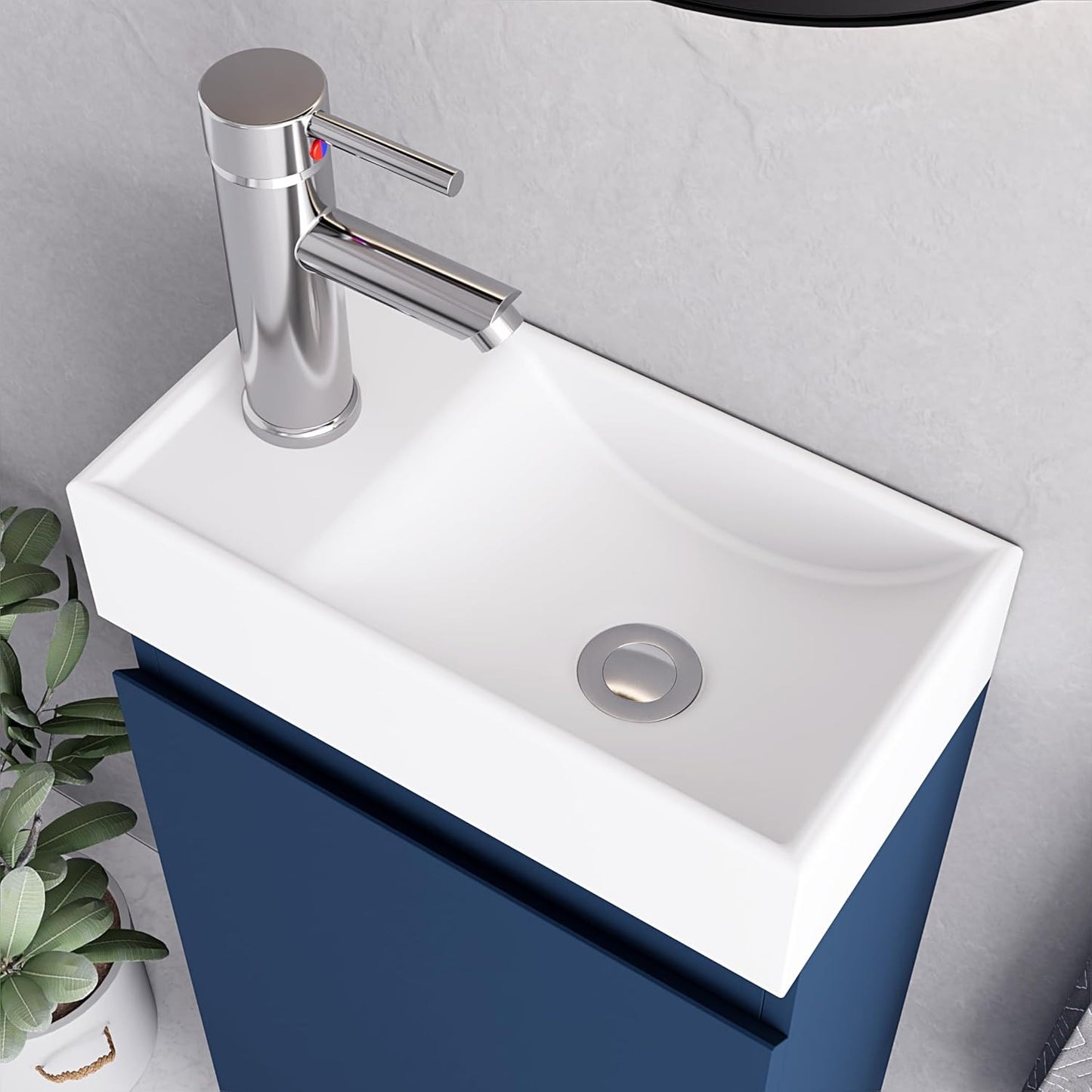 Close-up of the basin and faucet on the Denver Blue 400mm vanity unit.
