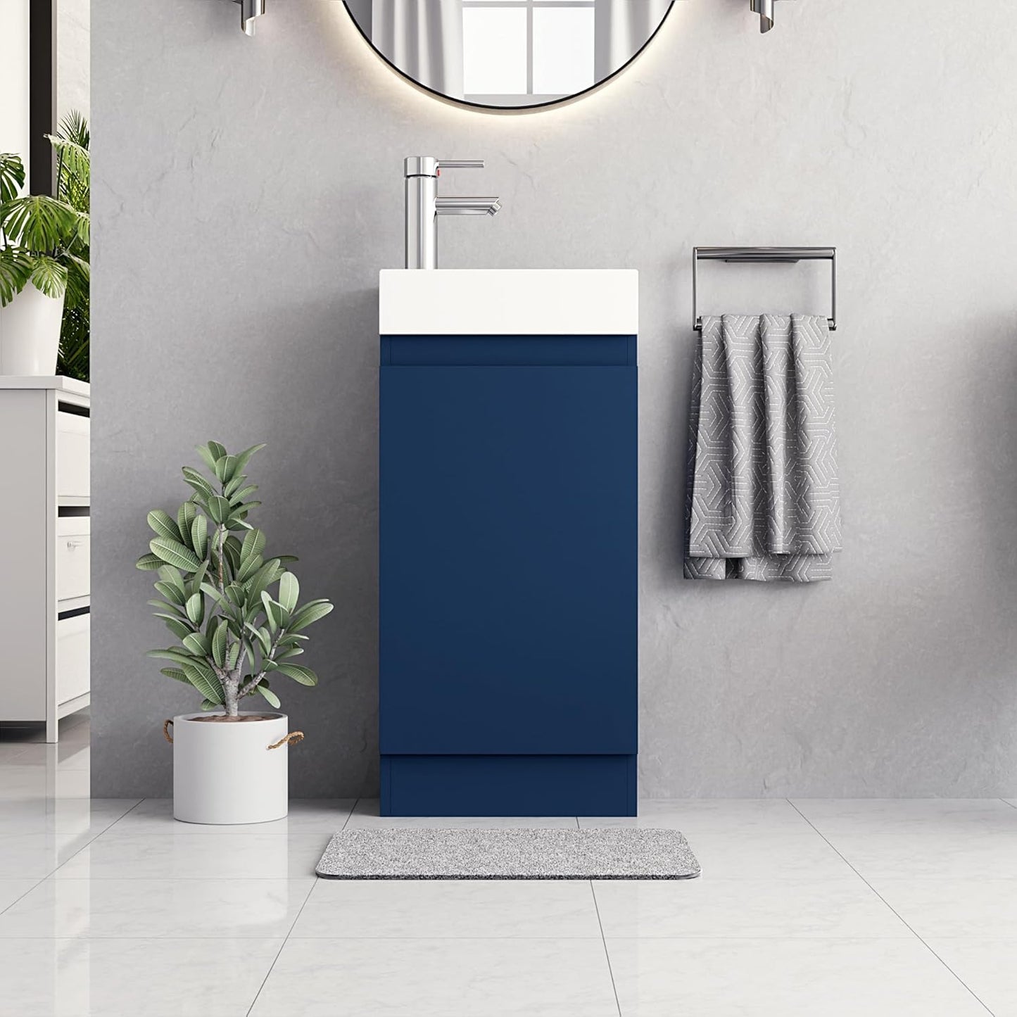 Denver Blue 400mm vanity unit with a sleek mirror and modern accessories.