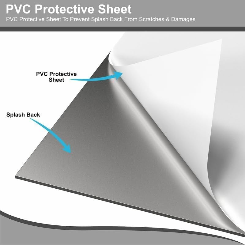 Grey stainless steel splashback 60x60cm with PVC protective sheet to prevent scratches.