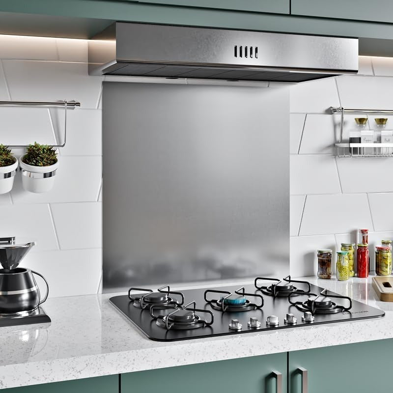 Grey stainless steel splashback 60x60cm with reflective finish installed above a stovetop.
