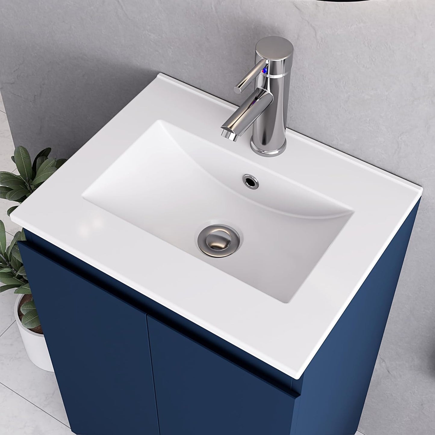 Top view of the 500mm navy blue vanity unit, featuring a white basin and chrome tap.