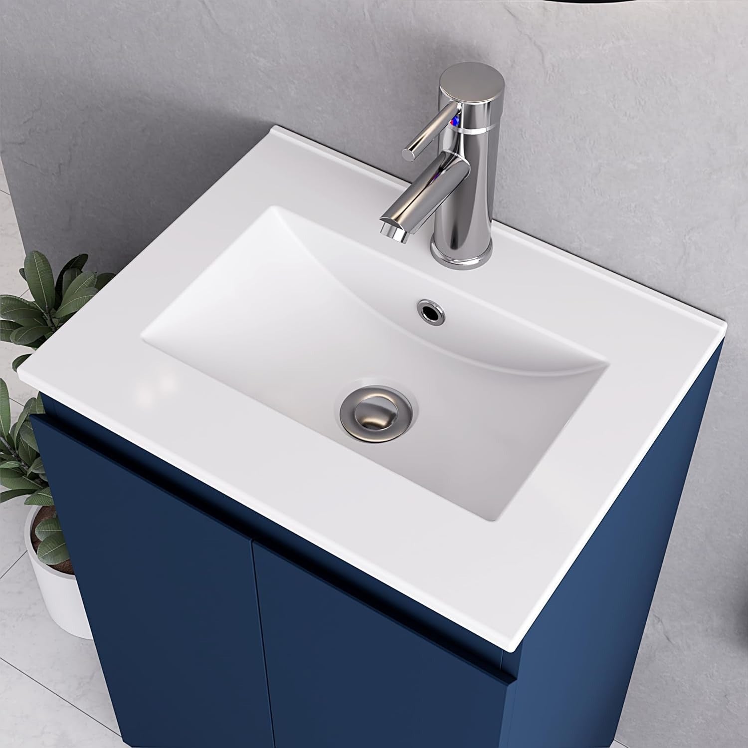 Top view of the 500mm navy blue vanity unit, featuring a white basin and chrome tap.