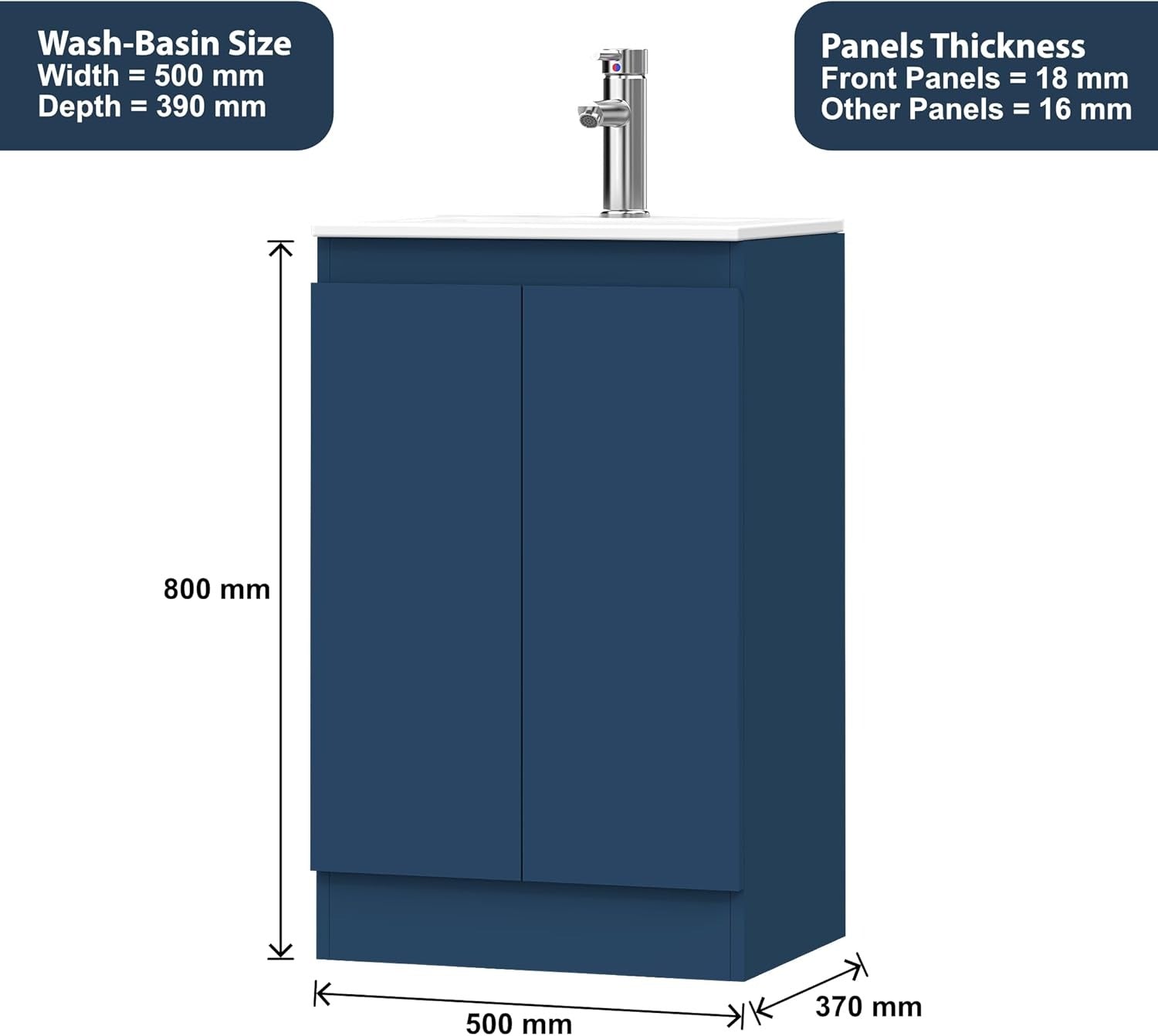 500mm navy blue vanity unit with labeled dimensions: 800mm height, 500mm width, 370mm depth.