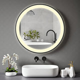 Homelay Stella 600mm Black Framed Round LED Bathroom Mirror with backlit LED lighting, touch controls, and anti-fog feature, mounted above a modern bathroom sink.






