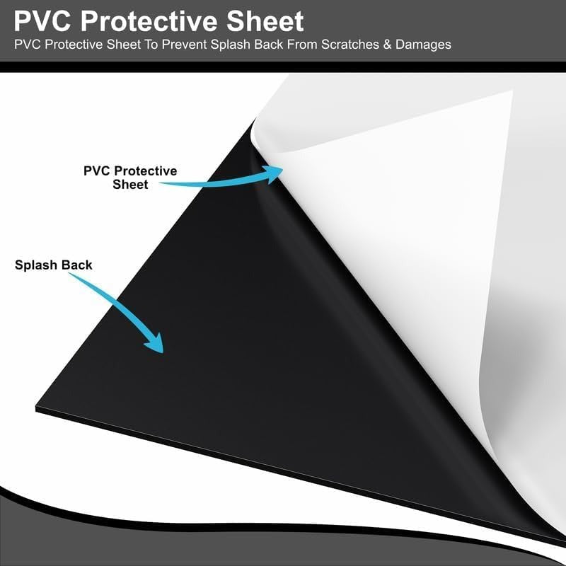 Black stainless steel splashback 60x60cm with PVC protective sheet for scratch prevention.