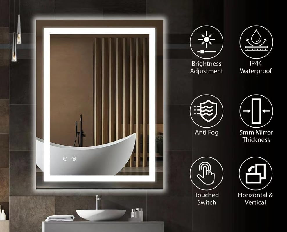 Clara 100x60cm LED bathroom mirror featuring anti-fog, IP44 waterproof rating, touch switch, and adjustable brightness.