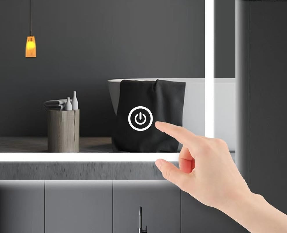 Clara 100x60cm LED bathroom mirror touch control for power and brightness adjustment.