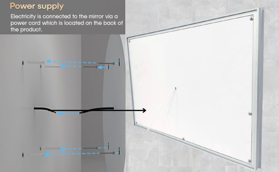 Clara 45x60cm LED bathroom mirror showing back panel wiring and wall installation method.