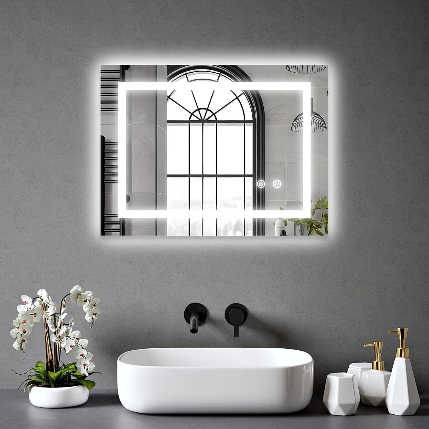 Clara 45x60cm LED bathroom mirror installed above a modern sink with anti-fog and dimmable LED lighting.