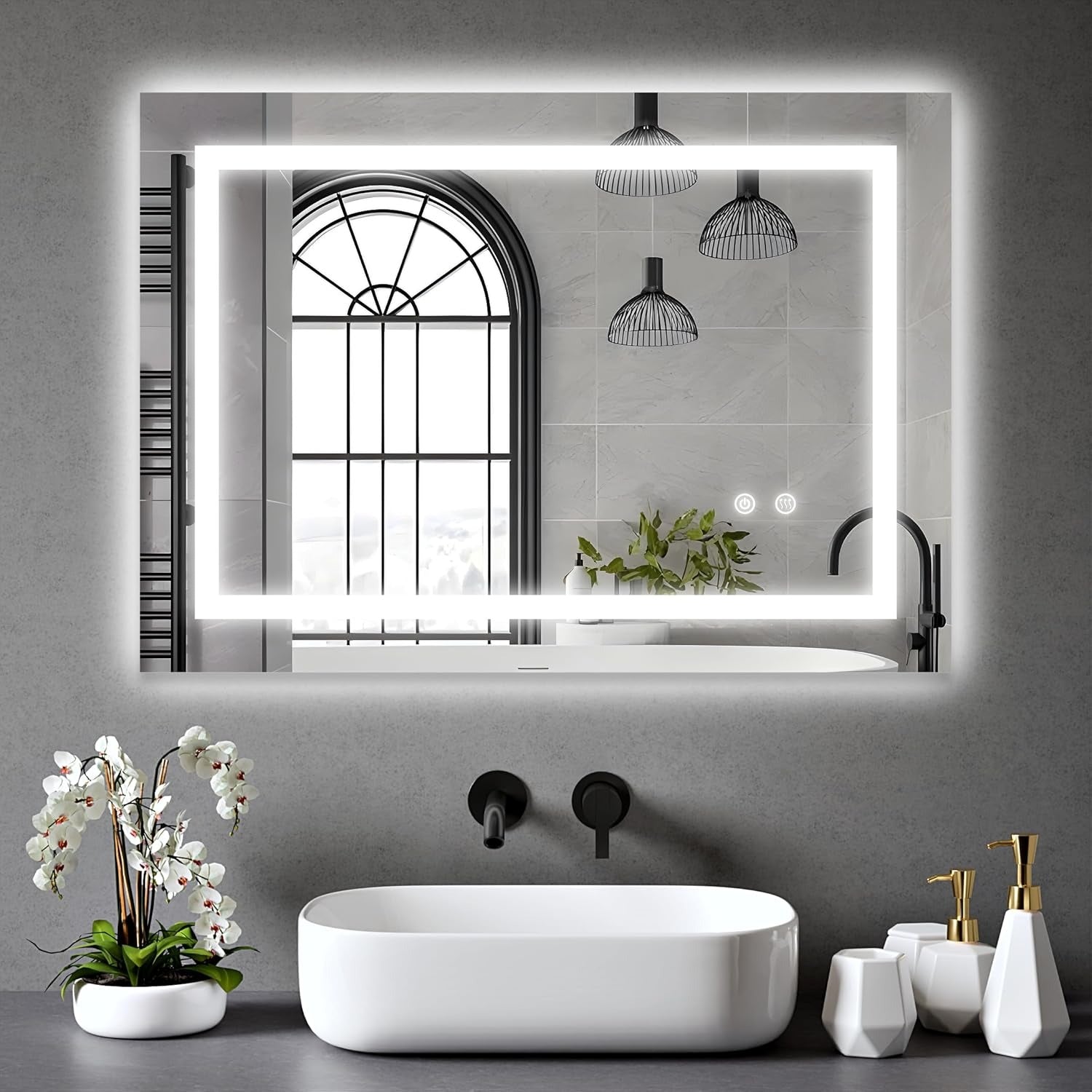 Clara 50x70cm LED bathroom mirror installed above a modern sink with anti-fog and dimmable LED lighting.