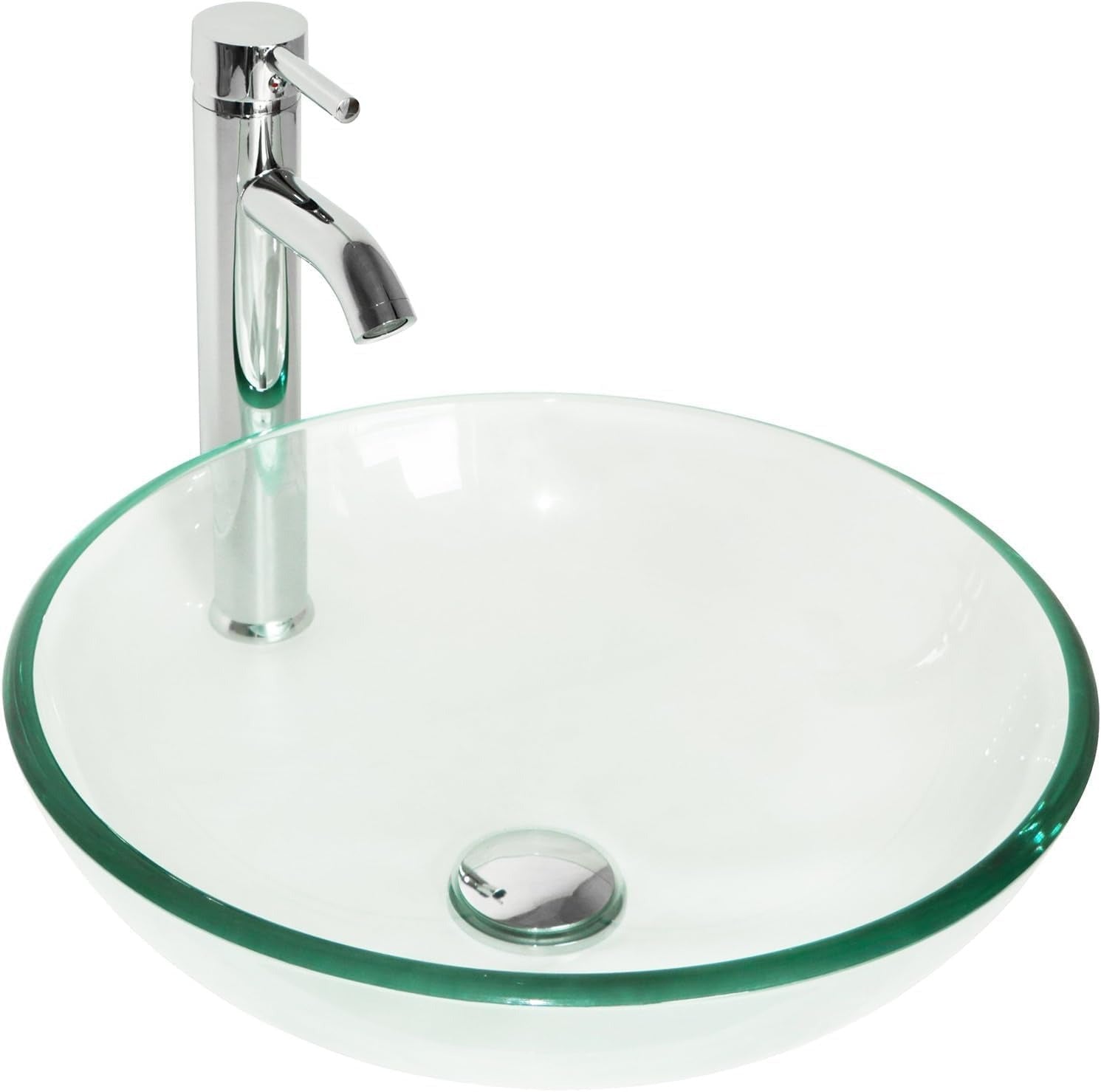 Clear glass basin with a sleek chrome faucet, designed for vanities and contemporary bathroom setups.