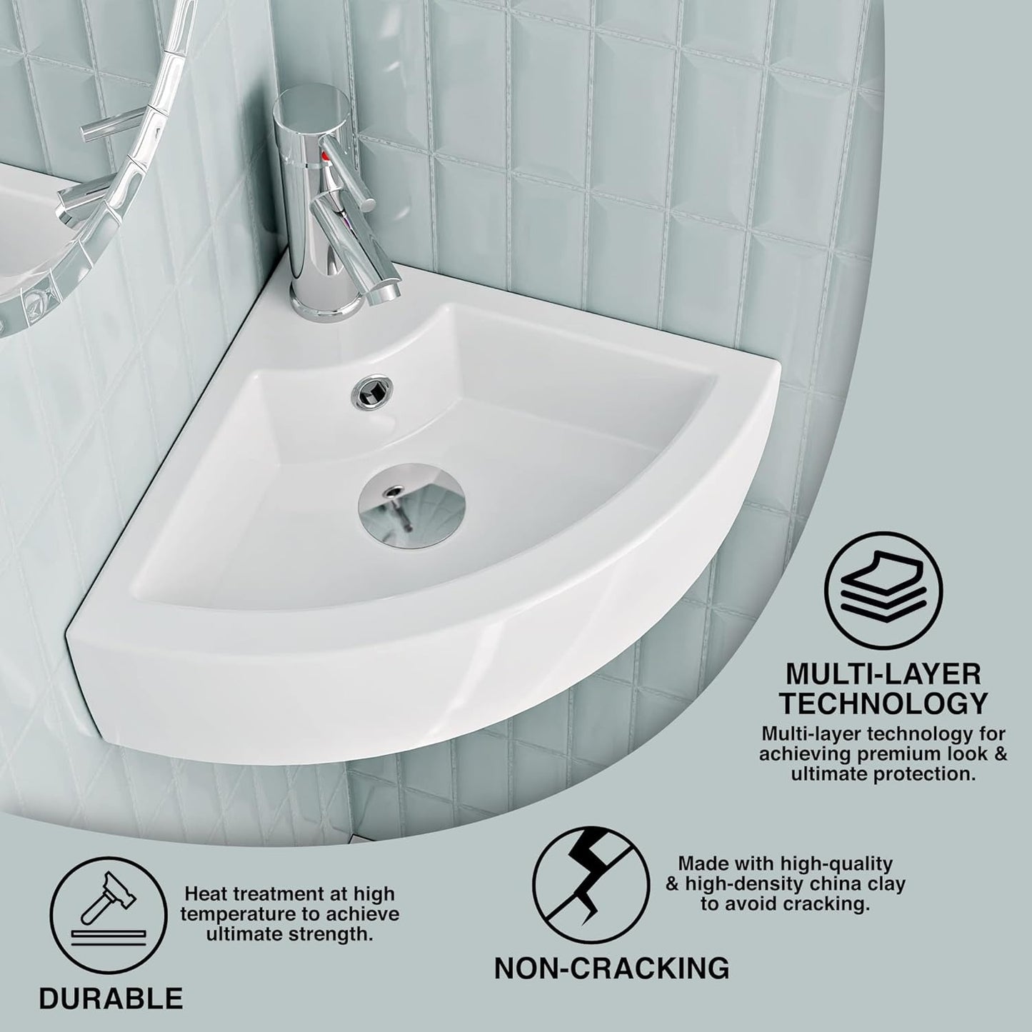 Modern white corner basin, wall-mounted for space-saving bathroom design.