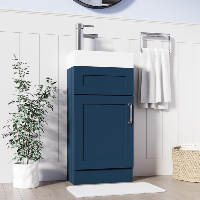 Full front view of the Crawley Blue 400mm Vanity Unit, complete with a ceramic basin, chrome handle, and soft-close door in a stylish bathroom.