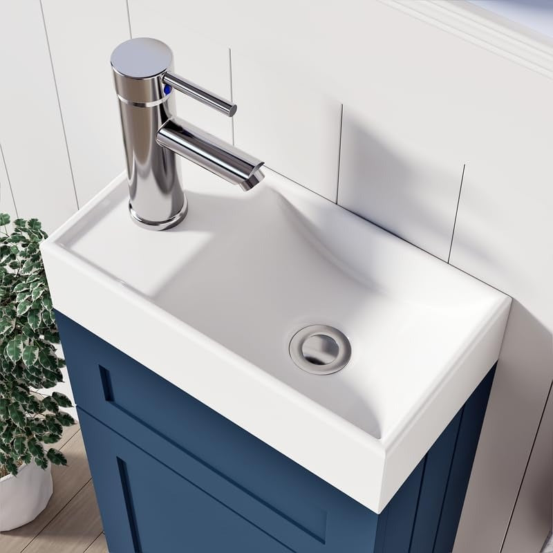 Top view of the Crawley Blue 400mm Vanity Unit featuring a ceramic basin and sleek chrome tap, perfect for compact bathrooms.