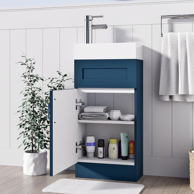 Open storage view of the Crawley Blue 400mm Vanity Unit, showing organized shelves for bathroom essentials in a modern setting.