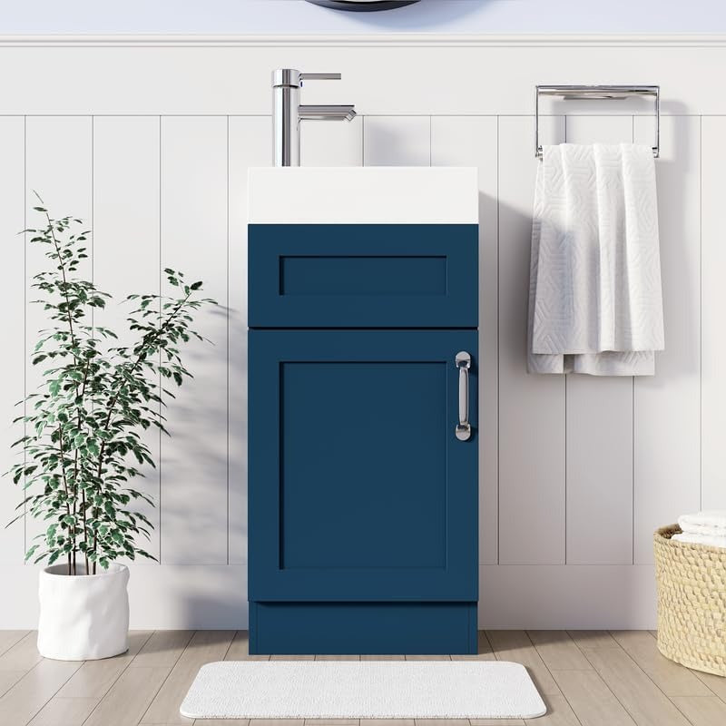 Front-facing view of the Crawley Blue 400mm Vanity Unit, styled with a ceramic basin and surrounded by elegant bathroom decor.