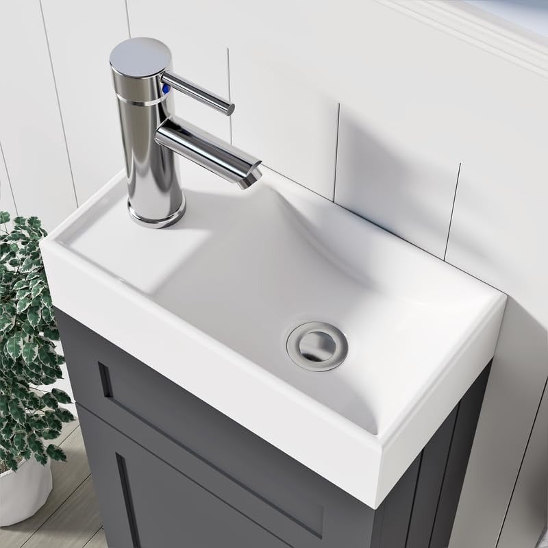 Close-up view of the Crawley Grey 400mm Bathroom Vanity Unit with a ceramic basin and sleek chrome tap, perfect for modern bathrooms.