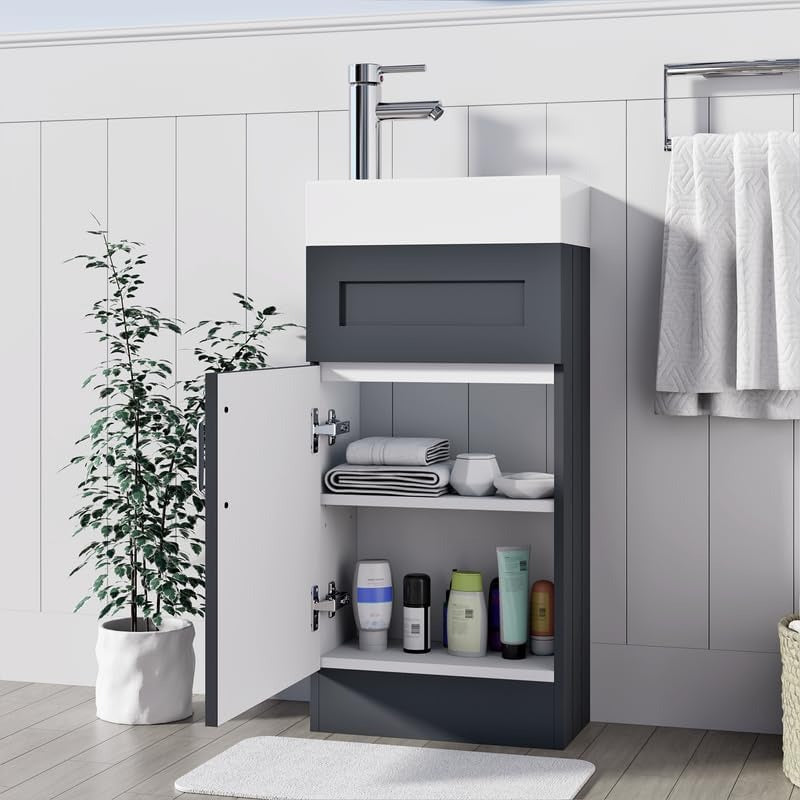 Open storage view of the Crawley Grey 400mm Bathroom Vanity Unit, showcasing organized shelves for toiletries and bathroom essentials.