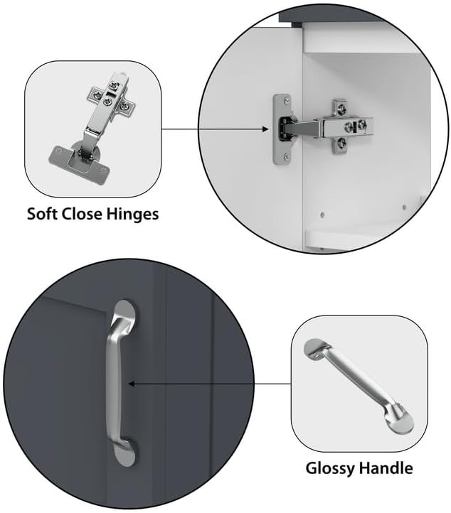 Highlighted features of the Crawley Grey 400mm Vanity Unit, including soft-close hinges and glossy chrome handles for added elegance.