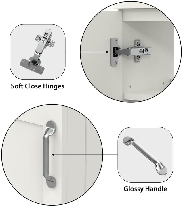  Highlighted features of the Crawley White 400mm Vanity Unit, including soft-close hinges and glossy chrome handles for added elegance.