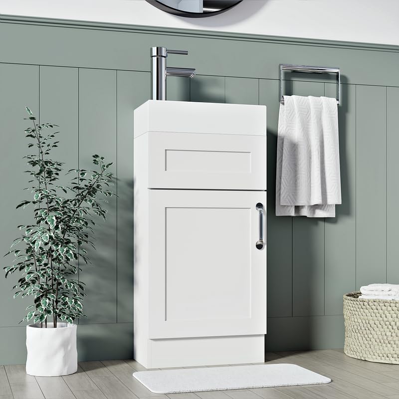 Full front view of the Crawley White 400mm Vanity Unit with a soft-close door, ceramic basin, and modern bathroom décor.