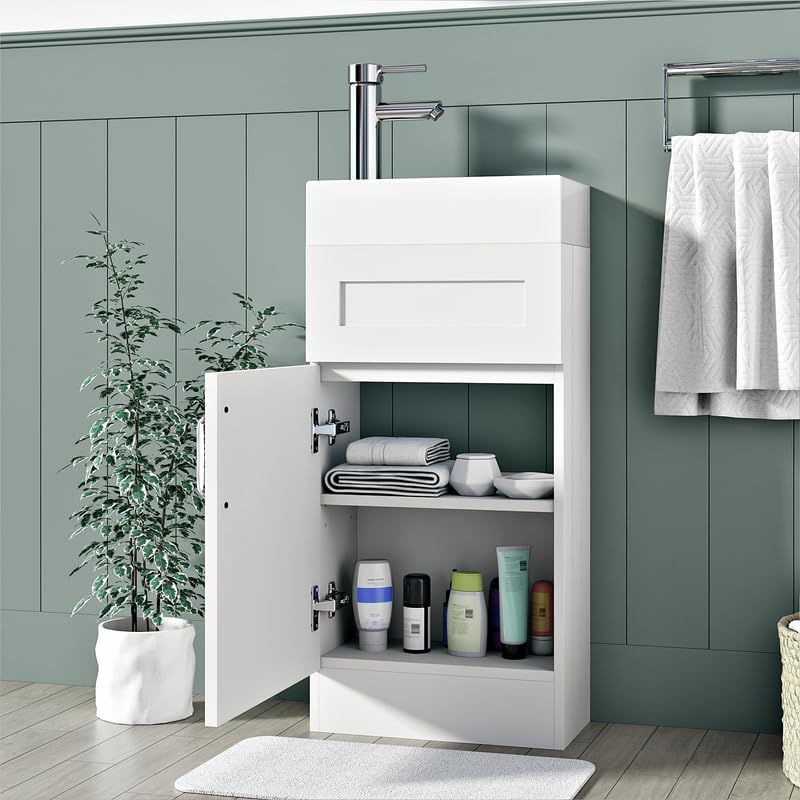 Open storage view of the Crawley White 400mm Bathroom Vanity Unit, showcasing organized shelves for toiletries and bathroom essentials.