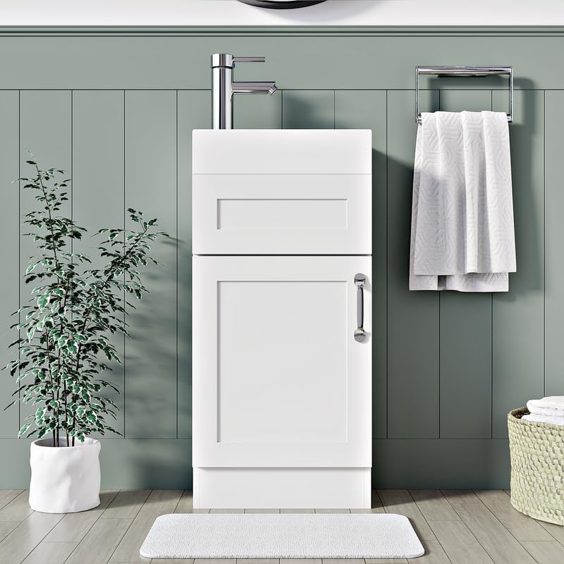 Front view of the Crawley White 400mm Vanity Unit, featuring a ceramic basin, chrome handle, and elegant design in a bathroom setting.