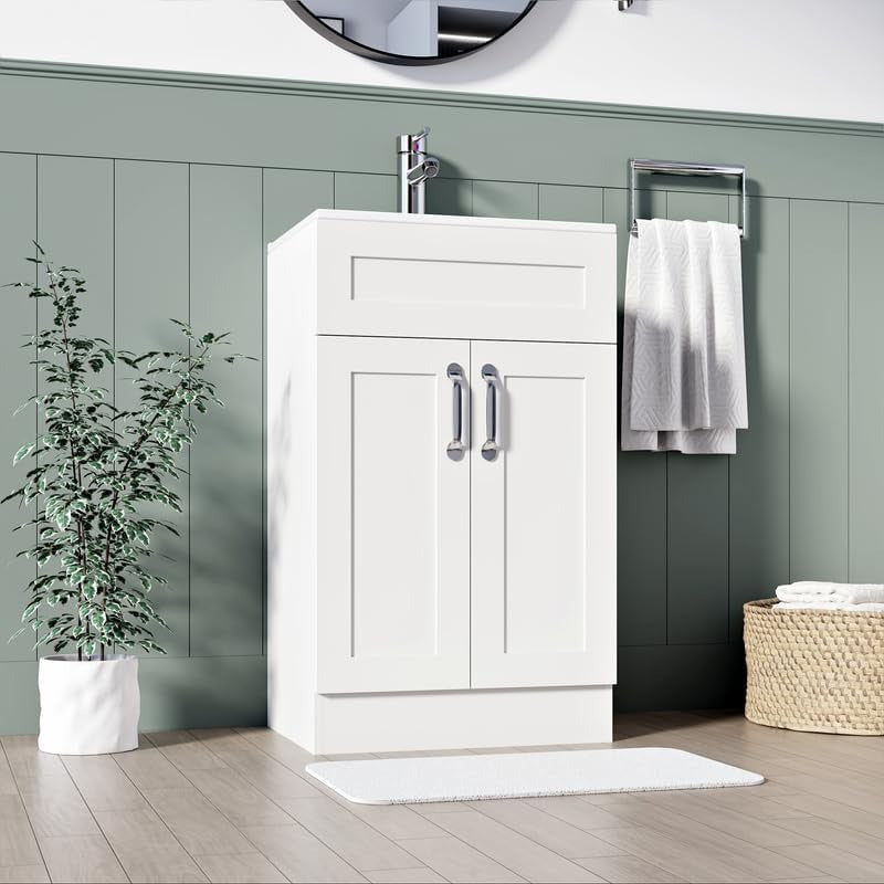 Angled side view of the Crawley White 500mm Vanity Unit showcasing its elegant design and ample storage for a modern bathroom.