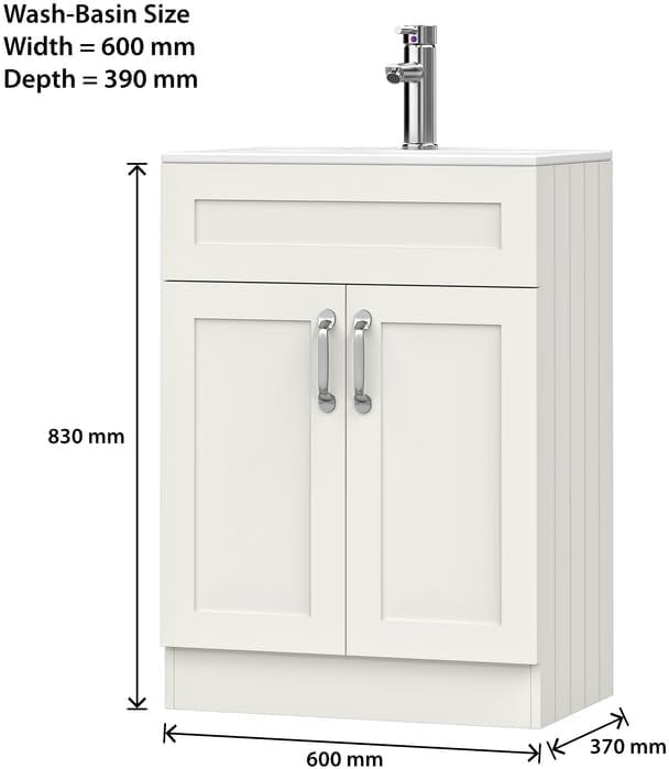 600mm wide vanity unit with depth and height details.