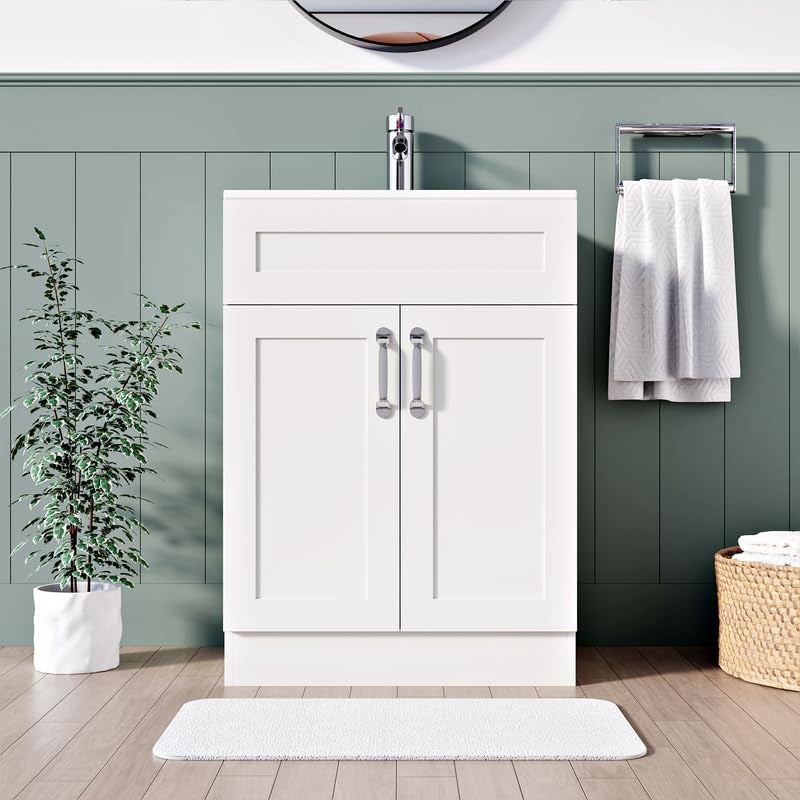 Crawley White 600mm vanity unit with soft-close doors.