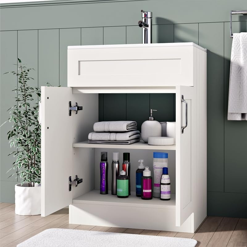 Crawley White 600mm vanity unit showing spacious internal storage.