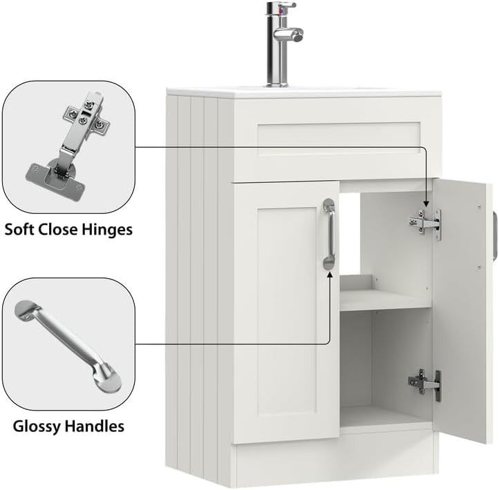 Detailed view of the Crawley White 500mm Vanity Unit highlighting its soft-close hinges and premium glossy handles.