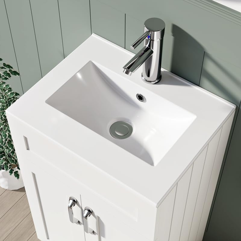 Close-up top view of the Crawley White 500mm Vanity Unit’s ceramic basin paired with a stylish chrome tap.