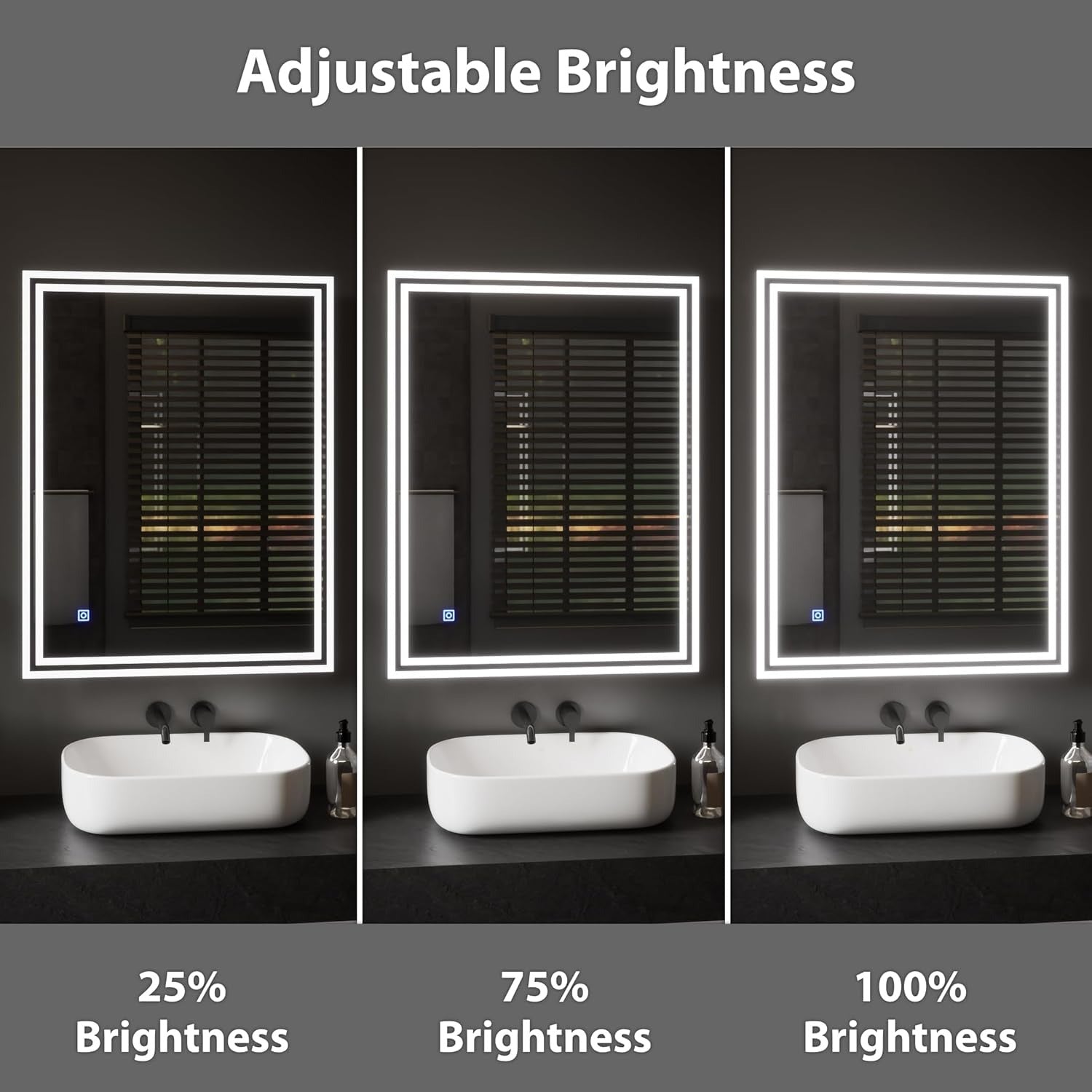 Delta 60x80cm LED bathroom mirror showing adjustable brightness at 25%, 75%, and 100% levels.