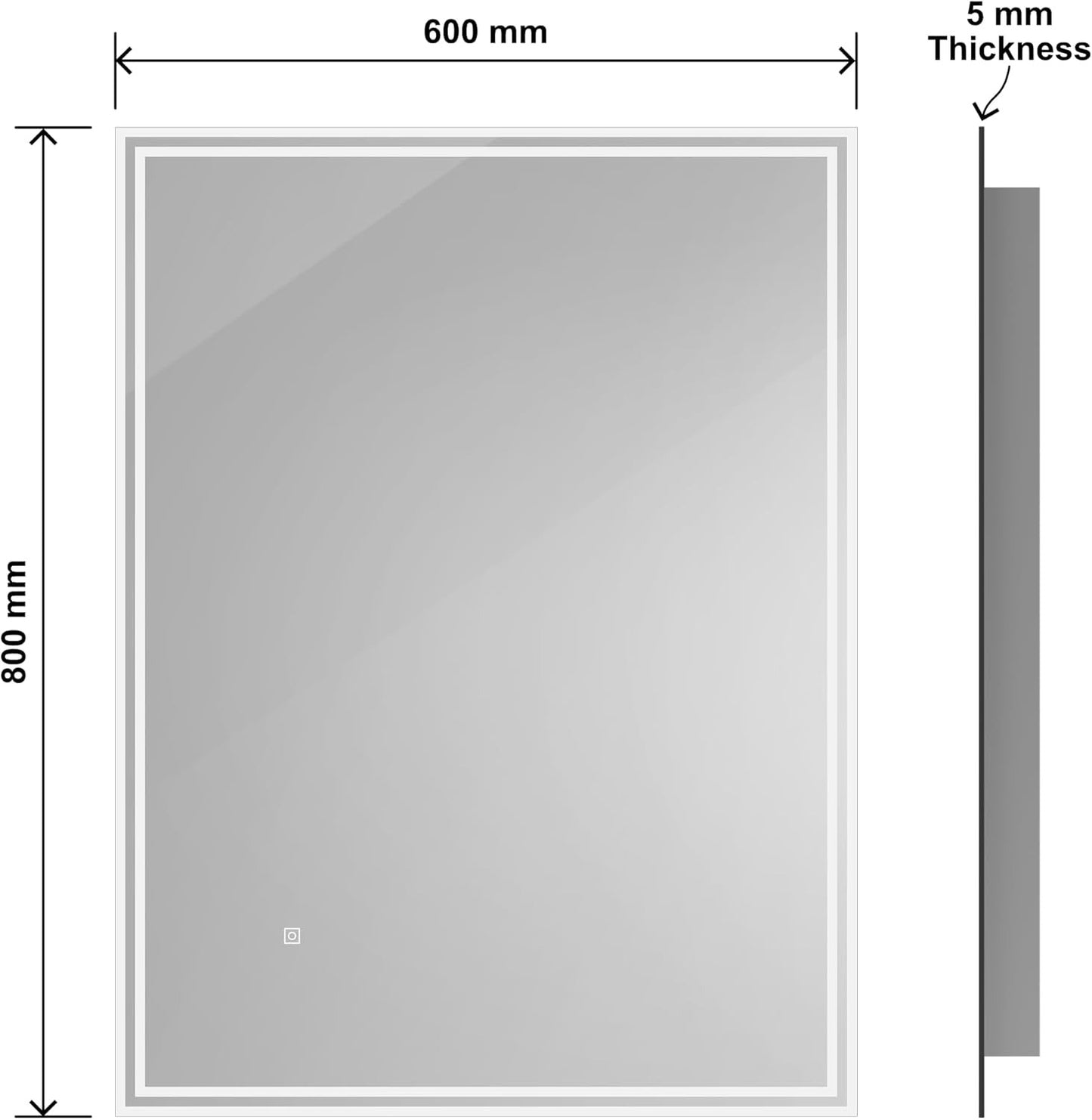 Delta 60x80cm LED bathroom mirror with 5mm glass thickness and a touch control panel.