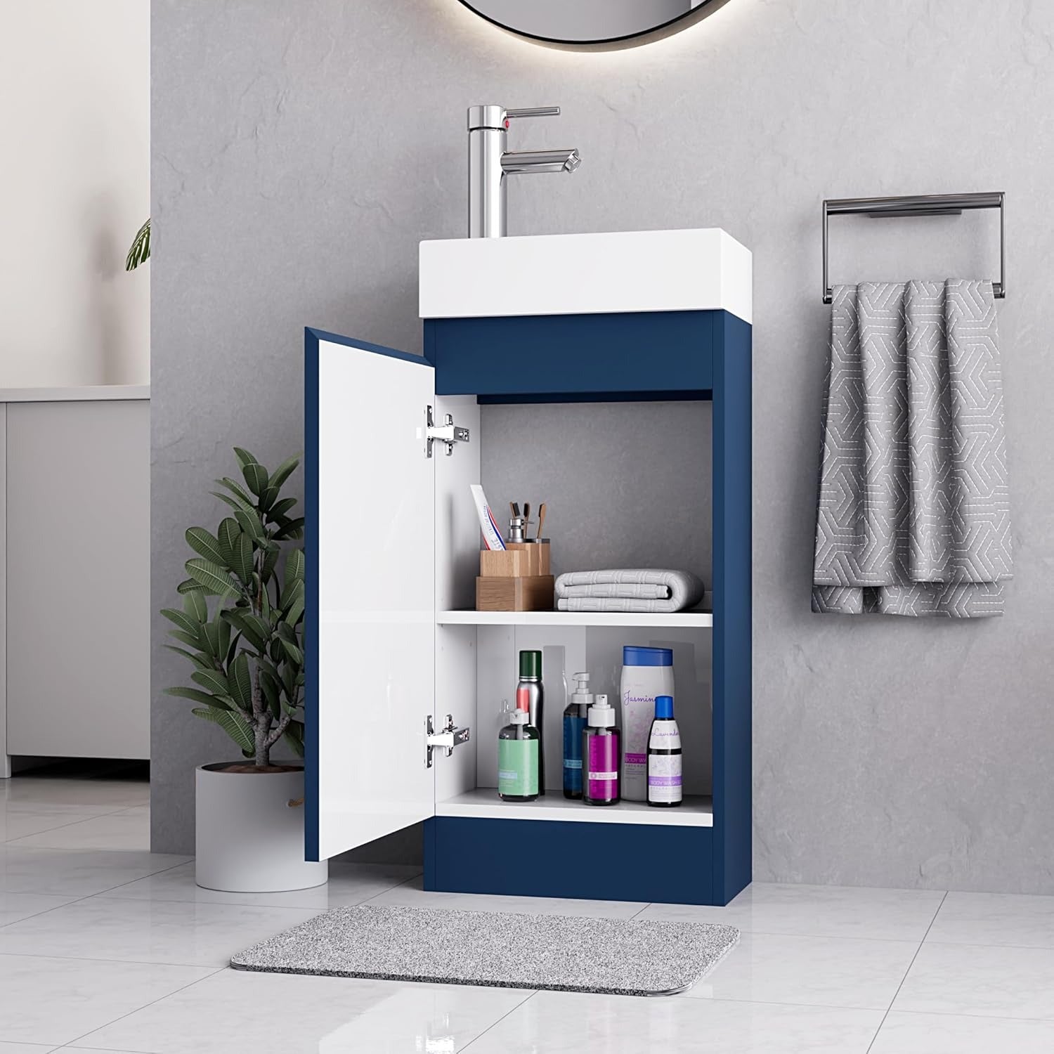 Denver Blue 400mm vanity unit with open storage and a stylish basin.