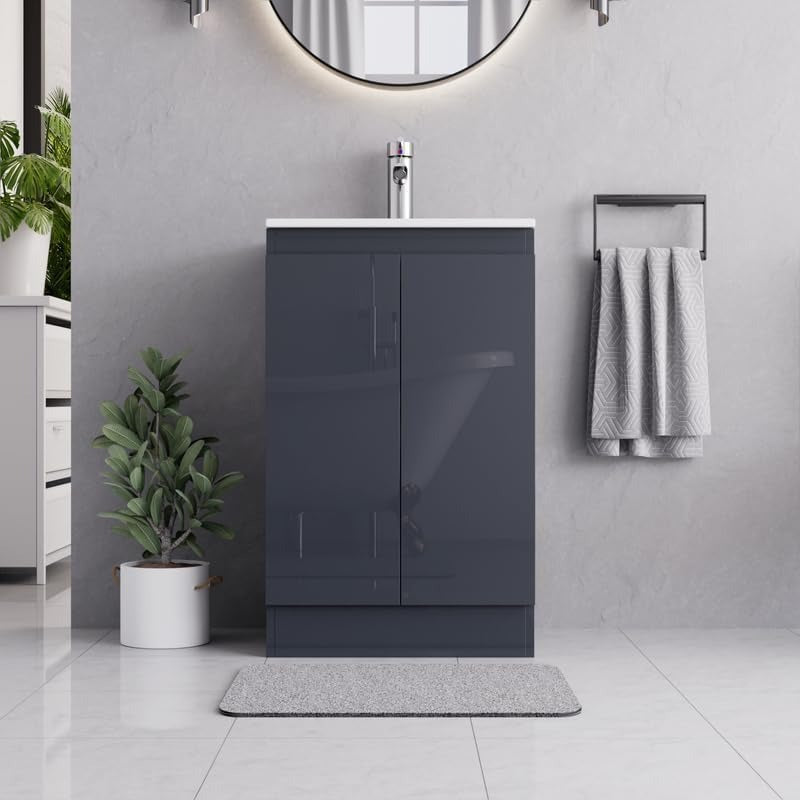 Front view of the Denver Grey 500mm Vanity Unit featuring a modern ceramic basin and spacious storage compartments.