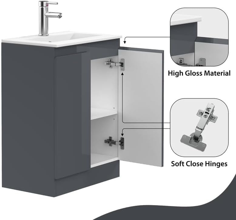 Detailed view of the Denver Grey 500mm Vanity Unit showcasing soft close hinges and glossy silver handles.