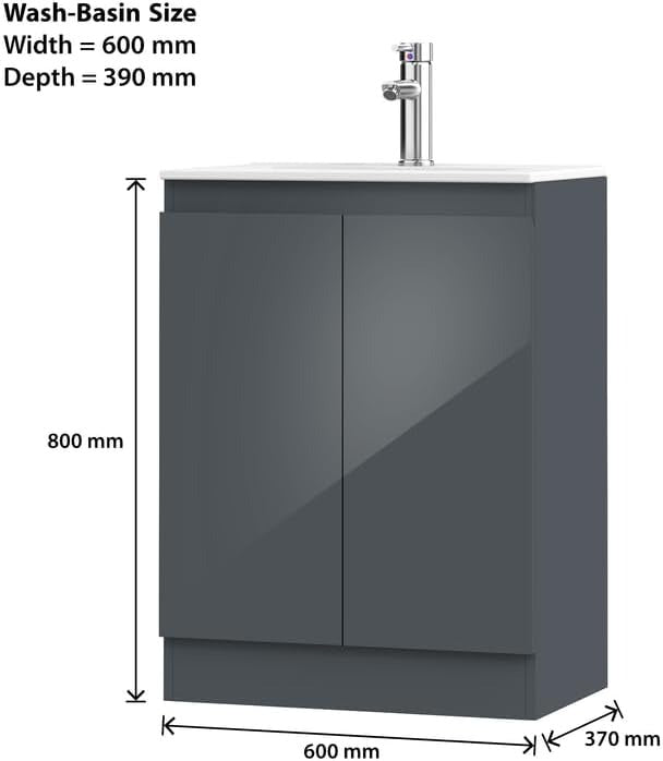 Dimensions of Denver Grey 600mm Vanity Unit with 600mm width and 390mm depth.