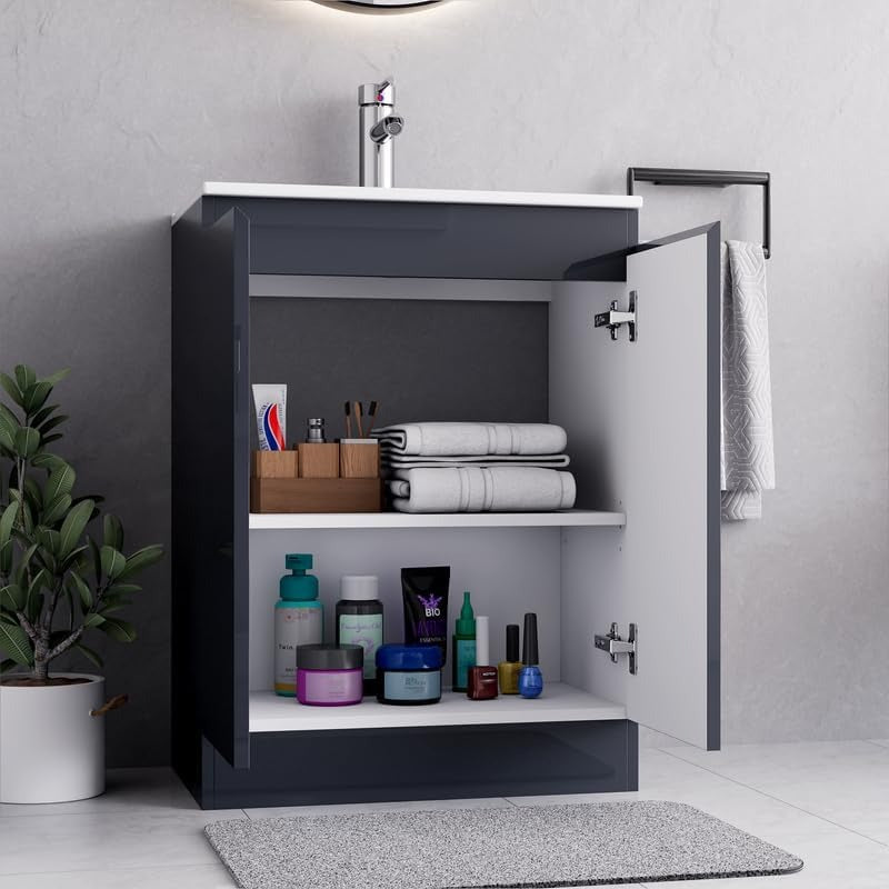 Open storage of Denver Grey 600mm Vanity Unit displaying organized shelves.