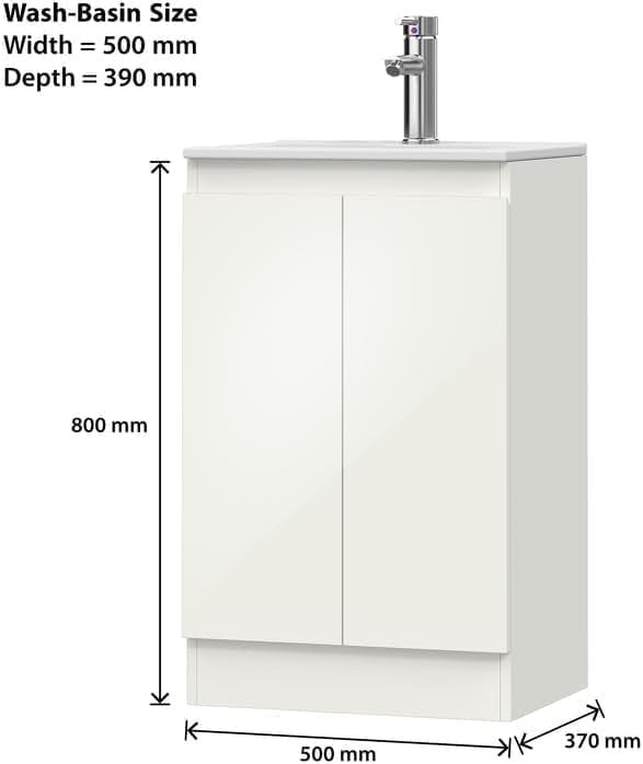 Dimensions of Denver White 500mm Vanity Unit with a sleek ceramic basin and compact design.