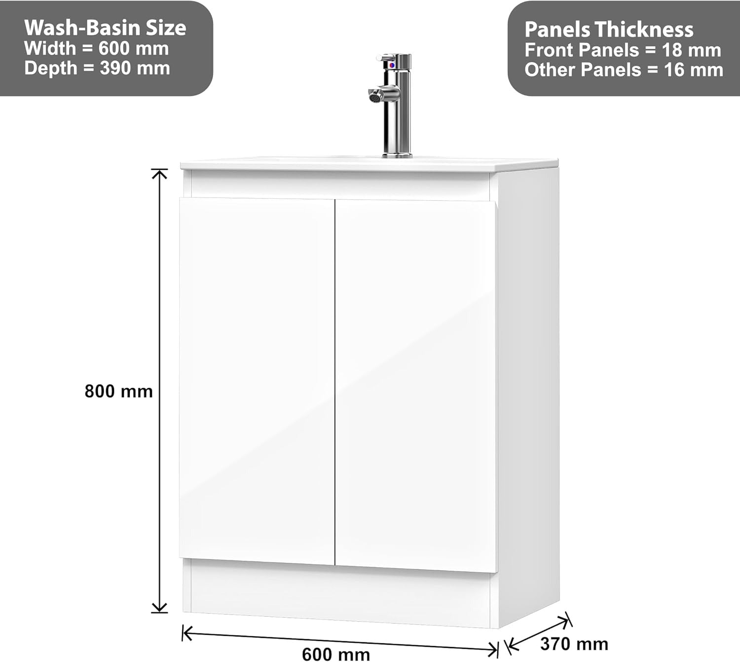 denver white 600mm vanity unit height, width, and depth.